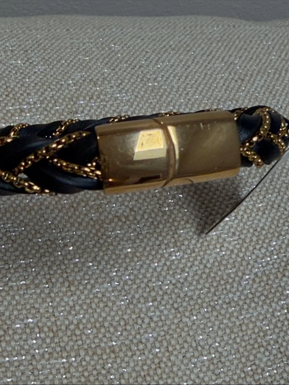 Black Leather Bracelet with Gold Chain Accent